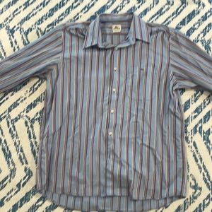 Lacoste button-down blue with yellow, orange, and dark blue stripes size 45